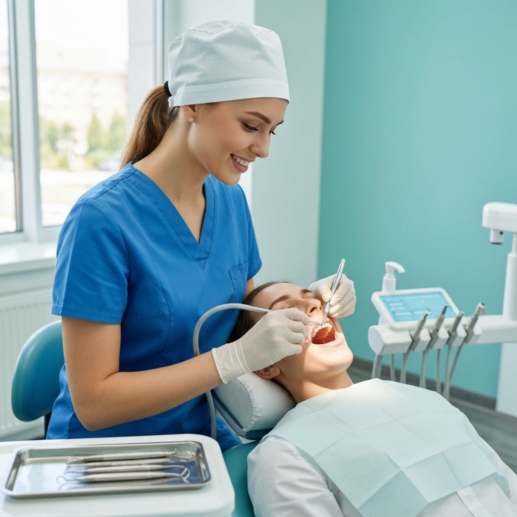 Dental hygienist performing oral examination and cleaning