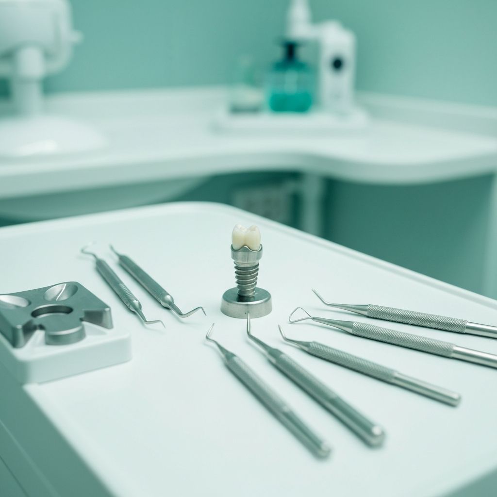 Dental implant model showing titanium post and crown